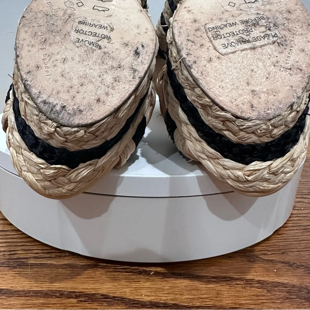 Alice + Olivia Rafia Woven 1” Platform Black Tan Straw Summer Wedge Sandal Size9